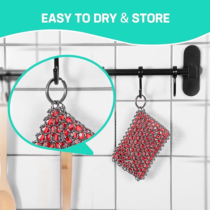 HAUSHOF Cast Iron Scrubber, Chainmail Scrubber with Silicone Core, Premium Chainmail Scrubber Sponge for Skillet, Pan, Dutch Oven