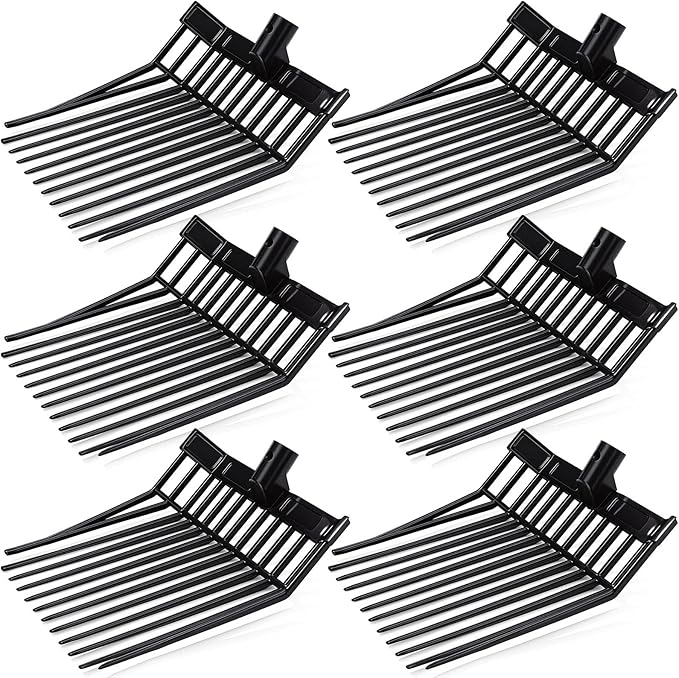 Lasnten 6 Pack Manure Fork Replacement Heads 12 Tines Heavy Duty Pitchfork Heads with Screws & Nuts Durable Horse Manure Rake for Picking up Grass Hay Animal Waste(Black)
