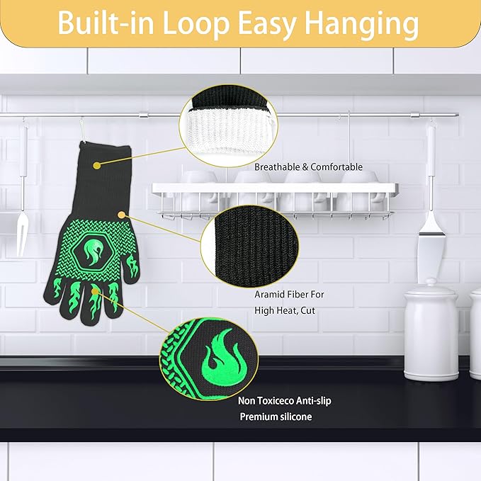 BBQ Fireproof Gloves, Grill Cut-Resistant Gloves 1472°F Heat Resistant Gloves, Non-Slip Silicone Oven Gloves, Kitchen Safe Cooking Gloves for Oven Mitts,Barbecue,Cooking, Frying,13.5 Inch-Green
