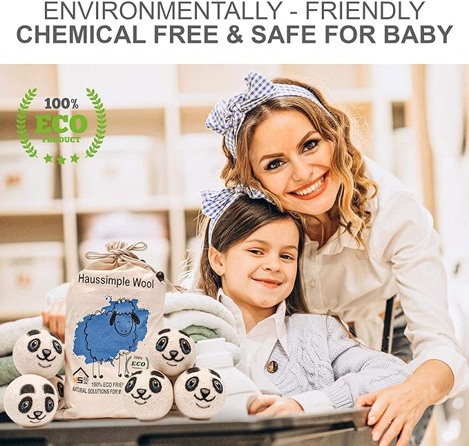 Wool Dryer Balls Organic Felt 6 Pack Laundry Fabric Softener, Extra Large Reusable Handmade Natural Sheep Wool Lint Wrinkle Free Anti Static Baby Safe (Panda)
