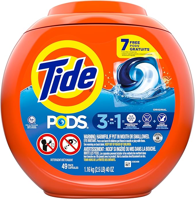Tide PODS Laundry Detergent Pacs, 3-in-1 Stain Remover, Odor Fighter, Color Protector, 42 Count, HE compatible, Original Scent (Packaging May Vary)