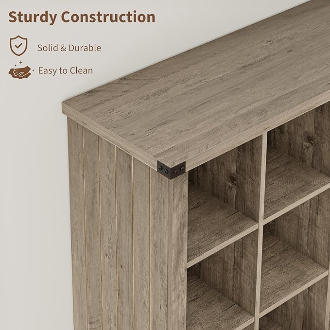 GarveeHome 9 Cube Storage Organizer Bookshelf, 4 Tier Farmhouse Horizontal Bookcase, 37.4 Inch Wood Storage Bookcase for Entryway, Long Low Bookshelves for Living Room-Grey