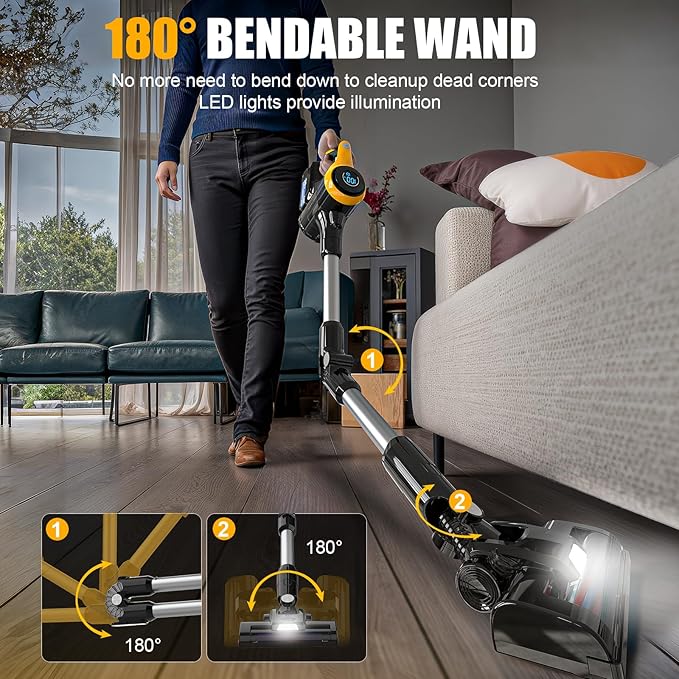 Ecarke Cordless Stick Vacuum Cleaner Compatible with DeWalt Battery, 350W Brushless Motor, 30KPa Suction, 6-in-1 180° Bendable Wand, Smart Screen 2x5AH Batteries & Charger – Hardwood Floors