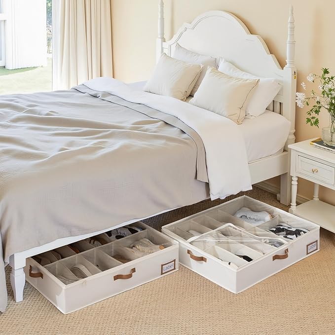 StorageWorks Under Bed Shoe Storage for Closet, 2-Pack Ultra-thick Fabric Shoe Organizer, Collapsible Shoes Containers with Bottom Support, Fits up to 24 Pairs, Beige
