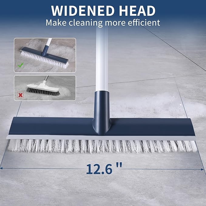 BOOMJOY Floor Scrub Brush with 57" Long Handle, 12" Wide Head, 2 in 1 Scrape and Brush, Stiff Bristle for Cleaning Bathroom, Patio, Kitchen, Tile, Wall and Deck
