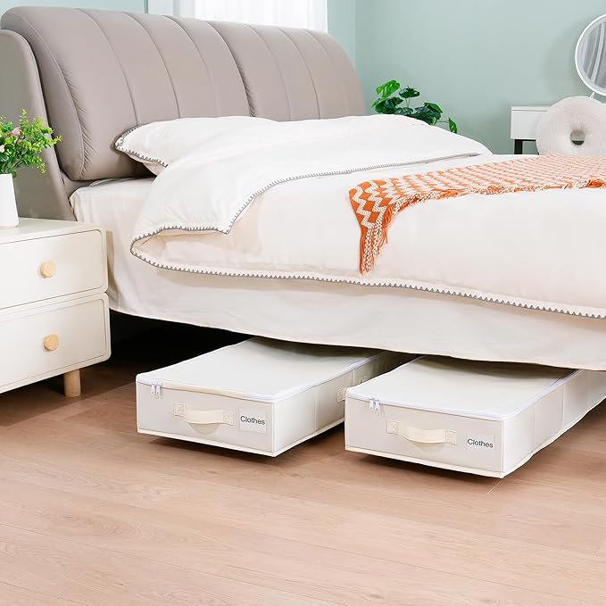 Under Bed Storage with Wheels, 2 Pack Under Bed Storage Containers with Label Holders for Clothes, Shoes and Blankets, Rolling Underbed Shoe Organizer with Cover, Beige (30.71x15.7x7.28 in)