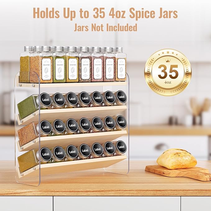 MUDEELA Clear Spice Rack Organizer for Cabinet, 4 Tiered Vertical Spice Shelf, Wooden Seasoning Organizer for Countertop, Kitchen, Pantry, Freestanding, 13.3" W × 11.2" H (No Jars Included)