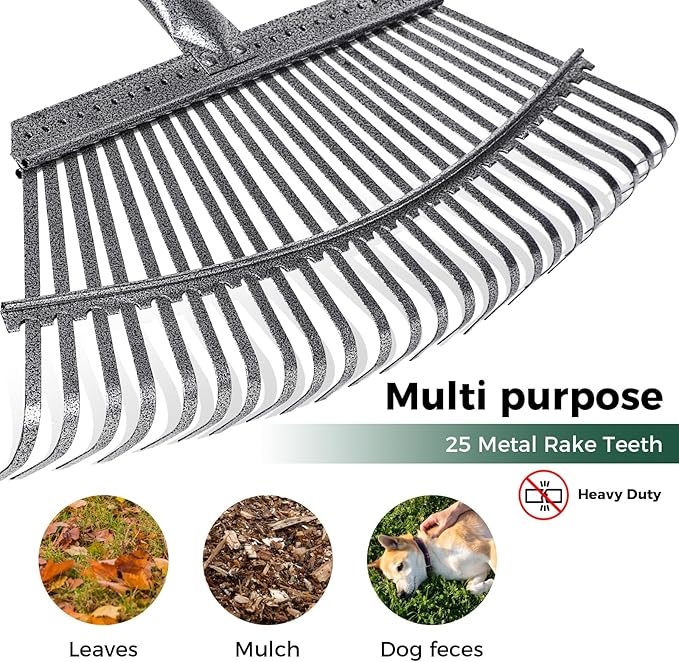 Garden Rake for Leaves, 37"-73" Adjustable Handle Rake Set with Leaf Grabbers, Work Gloves and 2 Leaf Bags, 18" Wide Head with 25 Metal Tines for Yard Picking Leaves, Shrub Grass Bush Lawn Cleanup