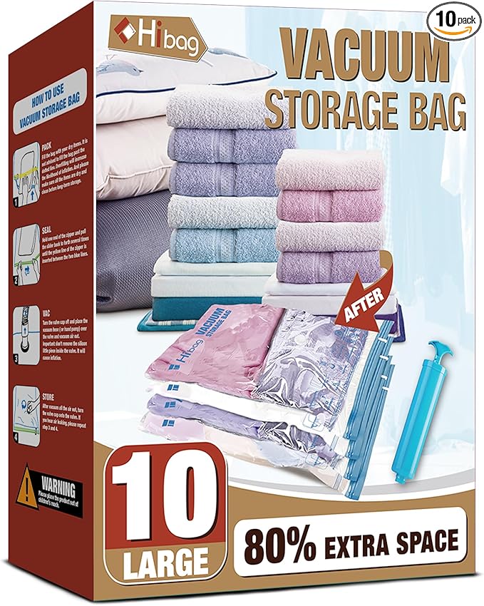 HIBAG Vacuum Storage Bags, 10 Large Space Saver Vacuum Seal Bags, Nylon & Polyethylene (PE) Material, Zipper Closure, Rectangular Shape, Durable, 10-Pound Load Capacity, For Bedding & Clothing