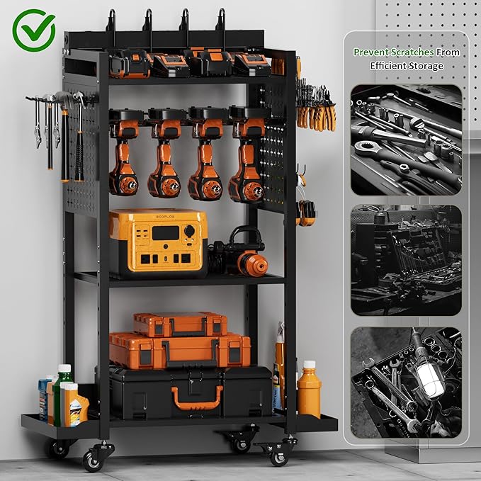 Power Tool Organizer Rolling Tool Cart with Charging Station & Power Tool Organizer - 3-Tier Rolling Utility Cart for Garage Workshop Storage