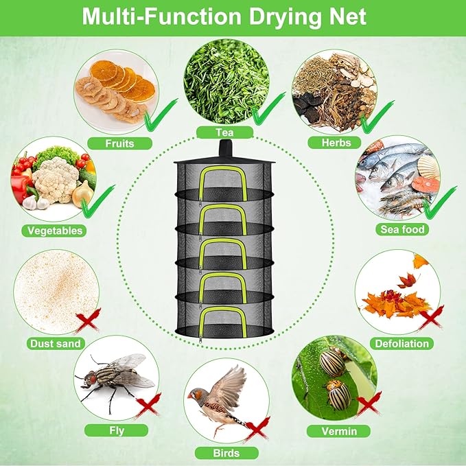 5 Layer Herb Drying Rack, Herb Drying Rack Hanging Mesh, Foldable Bud Drying Net with U-Shaped Zipper, Hooks, for Drying Herbs Plants, Flowers, Fruits, Food, Camping (5 Layers-23.62'')