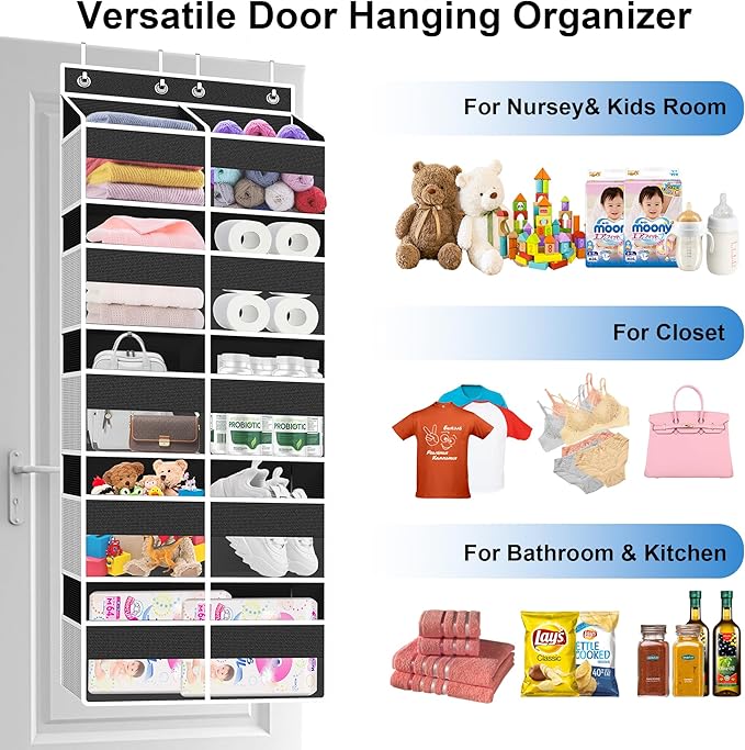 Over The Door Organizer Multi Pocket,5 Tier Large Hanging Shelf for Storage Kids Toys, Diapers, Clothes,Yarn,Heavy Duty Behind Door Storage for Bedroom Bathoom Nursery Closet Pantry,Black