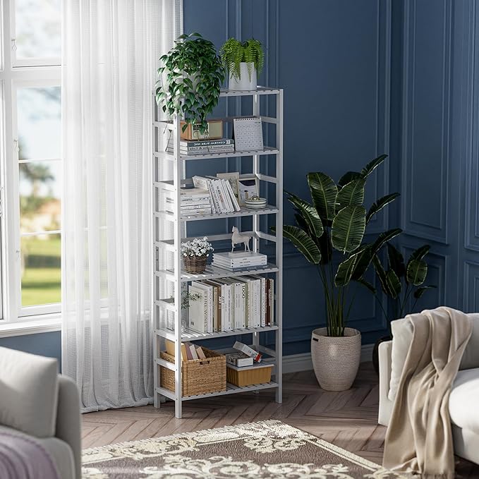 HITNET Bookshelf, 6-Tier Tall Bookcase Freestanding Bamboo Book Shelf Bathroom Storage Organizer with Adjustable Shelves, White