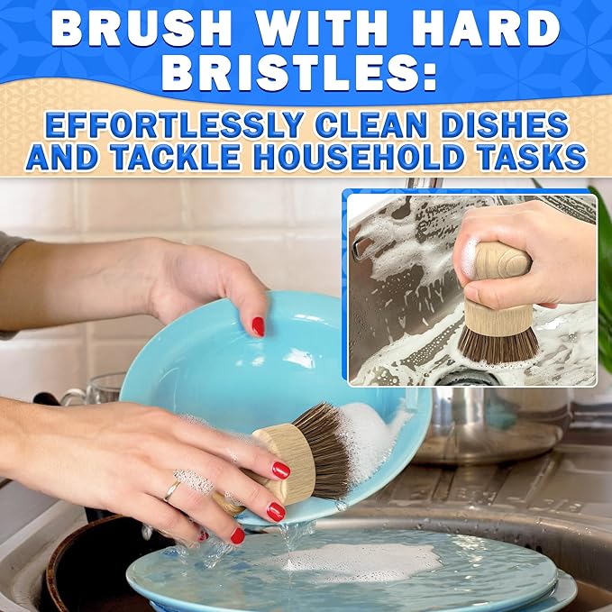 5 Pcs Bamboo Dish Brush Set – Wooden Dish Brush with Ergonomic Handle for Scrubbing Pots and Pans – Durable, Scratch-Free Bristles for Effective Dishwashing & Easy Grip for Comfortable Use