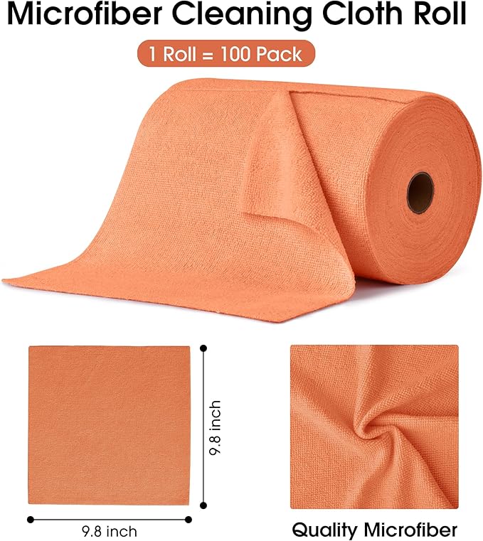 KitchLife Microfiber Cleaning Cloth Roll, 100 Pack - Tear-Away Microfiber Paper Towels, Lint-Free, Reusable, Washable for Kitchen, Car, Dishes, and Sensitive Surfaces (Coral)