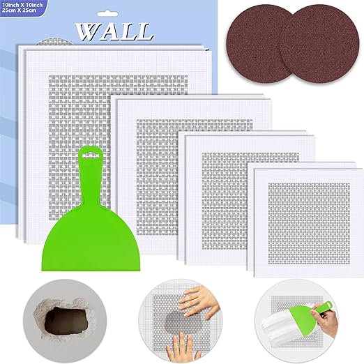Dry Wall Repair Kit Upgraded Size, 8 Pcs 10/8/6/4-inch self-Adhesive Aluminum Drywall Patches, accompanied by a Dedicated Large Trowel, Suitable for Repairing Large Holes in Drywall.