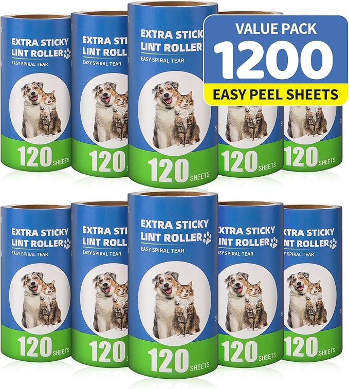 Extra Sticky Lint Roller Refills 10 Pack (1200 Sheets) fit 3.8"-4" Standard Size Lint Roller Sticker with Inner Diameter at 1.5" for Pet Hair, Clothes, Furniture, Cars, No Handle Included