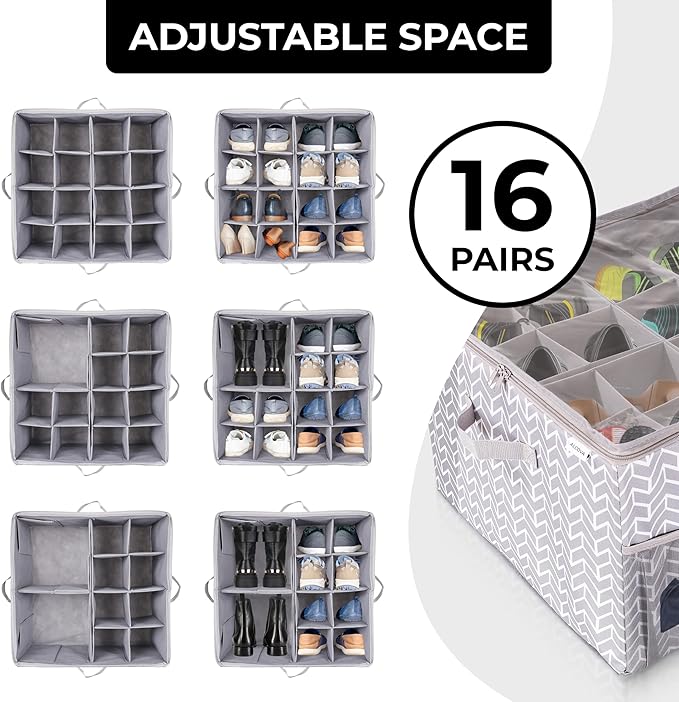 ALCOVA Shoe Organizer for Closet, 2 Pack Shoe Storage Box with Clear Cover, Foldable Shoe Storage Box, Fits up to 16-32 Pairs, Gray