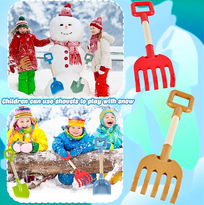 12 Pieces Kids Beach Sand Tools Long Beach Shovel Spade Sand with Sturdy Wooden Handle Safe Garden Tools Including Spoon, Fork, Rake, Flat, Pointed Shovel Cylinder Spoon Gifts for Kids