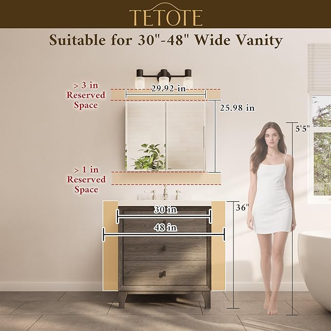 TETOTE 30 x 26 Medicine Cabinet with Tempered Beveled Mirror White Vanity Mirror with Storage Aluminum Cabinet DTC Hinges, Stepless Adjustable Shelves, Recessed/Surface-Mounted