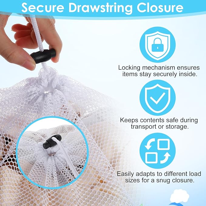 Thinp 3 Pcs Mesh Laundry Bags, Mesh Wash Bags Heavy Duty Washing Bag with Drawstring Machine Washable Garment Bag for Dormitory College Apartment Travelling Camping (White)