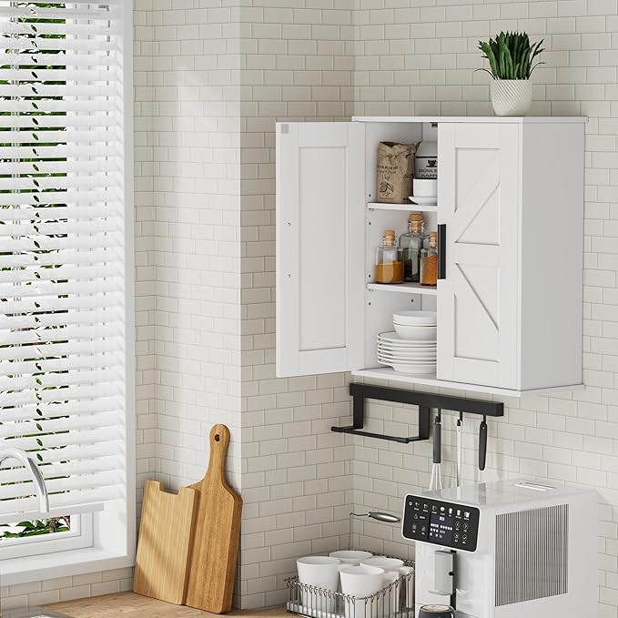 Bathroom Wall Cabinet, Over Toilet Storage Cabinet with Barn Doors and Adjustable Shelves, 3-Tier Medicine Cabinet Wall Mounted, for Bathroom, Kitchen, Entryway, Laundry Room, White, (7.9" D)