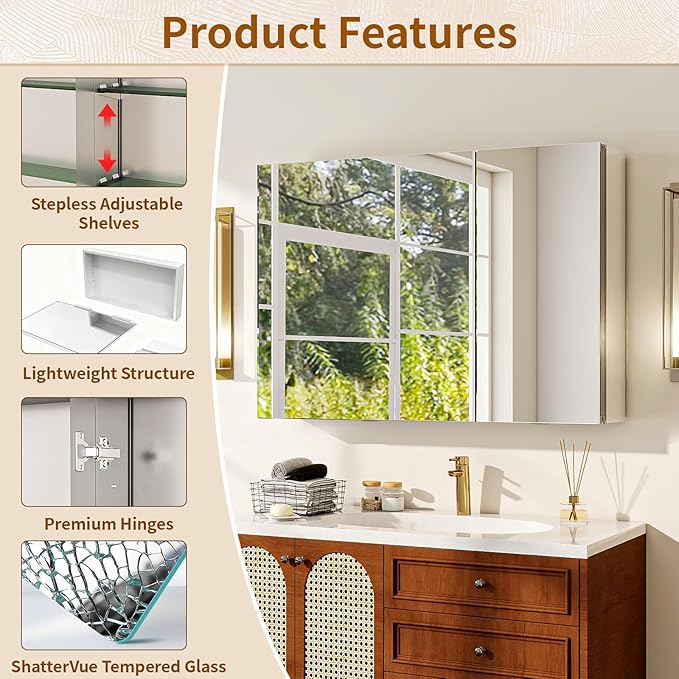 BEAUTYPEAK Bathroom Medicine Cabinet Mirror with Storage, 36 Inch x 26 Inch Silver Medicine Cabinet with Double Door & Adjustable Shelves for Vanity, Tempered, Aluminum Surface, Wall-mount or Recessed