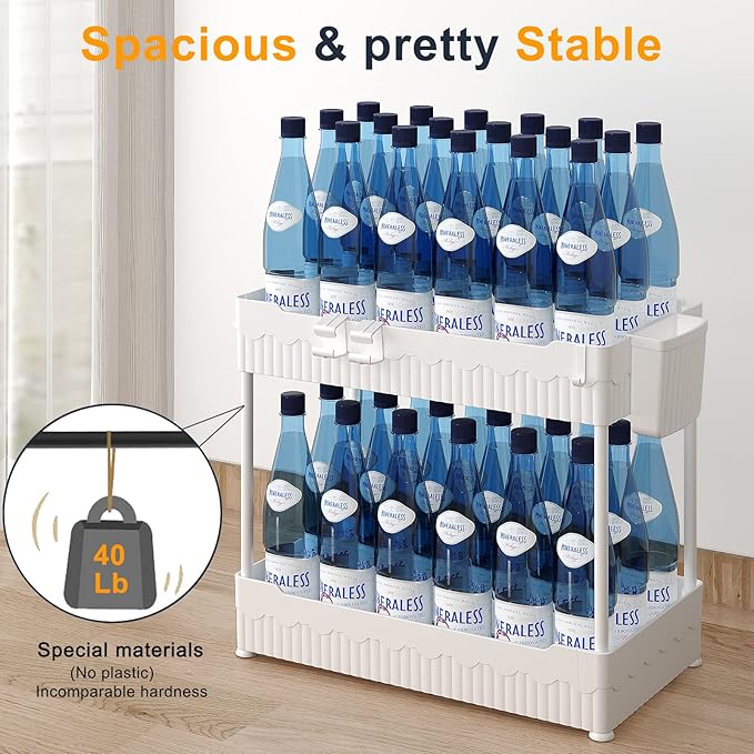 2 Pack Under Sink Organizer, Under Bathroom Cabinet Organizer with Hooks Hanging Cup, Multi-Purpose Storage Shelf for Kitchen Bathroom (White, XL)