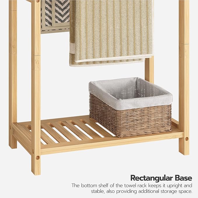 HOOBRO Freestanding Towel Rack for Bathroom, 2 Tier Decorative Bamboo Blanket Rack, Quilt Display Stand with Storage Shelf, 16.5" L x 9.4" W x 30.5" H, Bedroom, Living Room, Natural Color YL02LB01