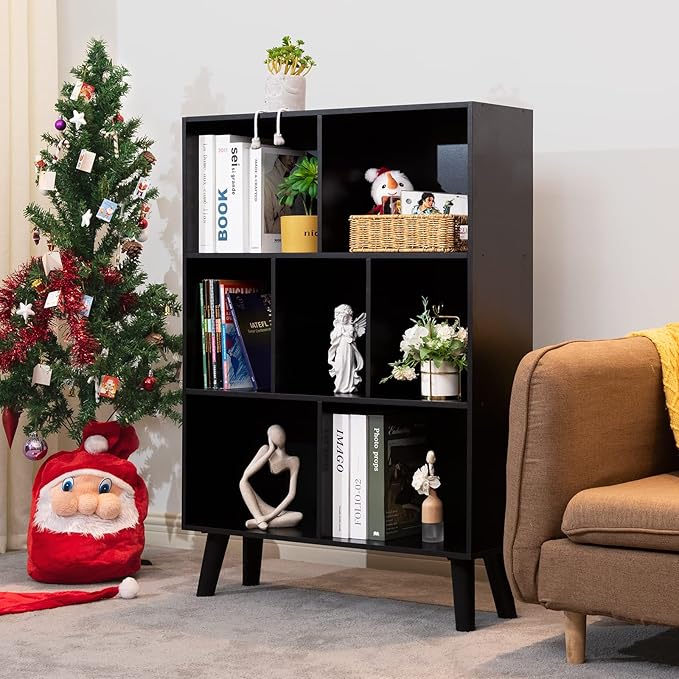 YAHARBO Black Bookshelf,3 Tier Modern Bookcase with Legs,Bookshelves Wood Storage Shelf, Open Book Shelves Cube Organizer,Freestanding Short Bookcases
