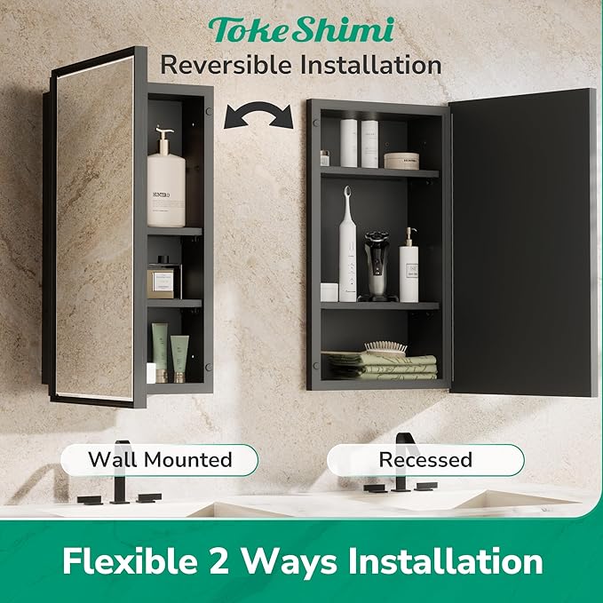 TokeShimi 48x30 Medicine Cabinet Mirror Bathroom Vanity Black Metal Framed Recessed or Surface Mounted Medicine Cabinet with Beveled Mirror with Storage Aluminum for Modern Farmhouse