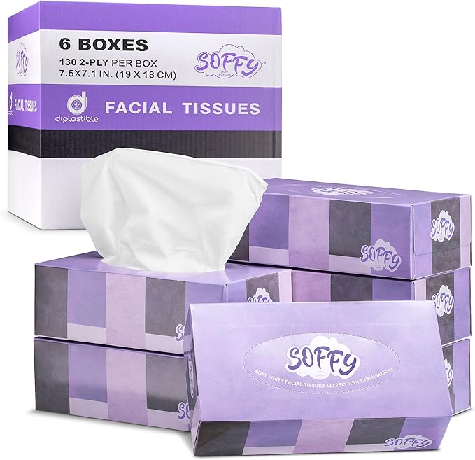 Facial Tissues, 2 Ply White - 130 Per Box, Car and Travel, Face Tissue 7.5" x 7.1", (Pack of 6) Tissue Box
