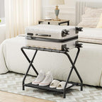 HOOBRO Luggage Rack, Pack of 2, Folding Suitcase Stand with Fabric Storage Shelf for Guest Room, Bedroom, Hotel, Holds up to 100 lb, 27 x 15.3 x 22 Inches, Space Saving, Black BK04XLP201