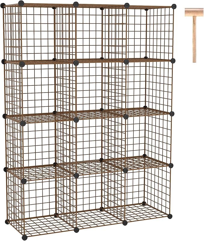 C&AHOME Wire Cube Storage, 12 - Cube Organizer Metal C Grids, Modular Shelves Units, Closet Organizer, Ideal for Home, Office, Living Room, 36.6”L x 12.4”W 48.4”H, Brown UWCS3012R