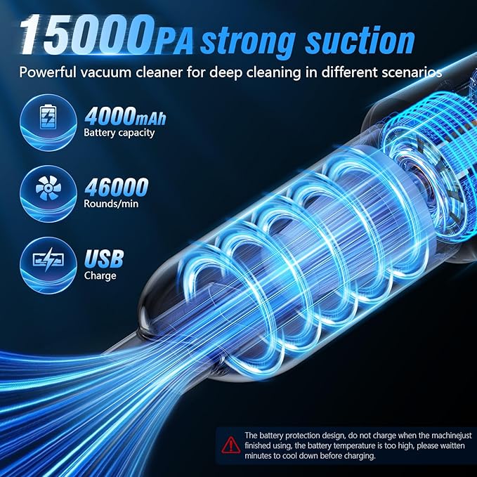 Handheld Car Vacuum Cleaner 12 Handheld Car Vacuum - 15000Pa Cordless Wet/Dry, 120W High Power with Complete Accessory Kit for Cars, Pet Hair, Home & Office Black