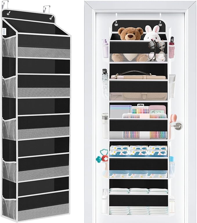 WISELIFE Over The Door Organizer - 5 Shelves Large Capacity Hanging Bedroom Storage Solution with Side Pockets for Dorm Bathroom Pantry Nursery and Baby Essentials Holds up to 40 Lbs (Black)