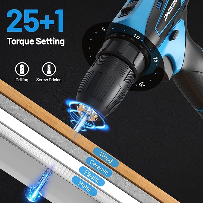 Cordless Drill Set, 12V Power Drill Kit with Battery and Charger, 3/8" Keyless Chuck, 25+1 Torque Setting, Built-in LED, Electric Driver Tool for Home DIY Projects (Blue)