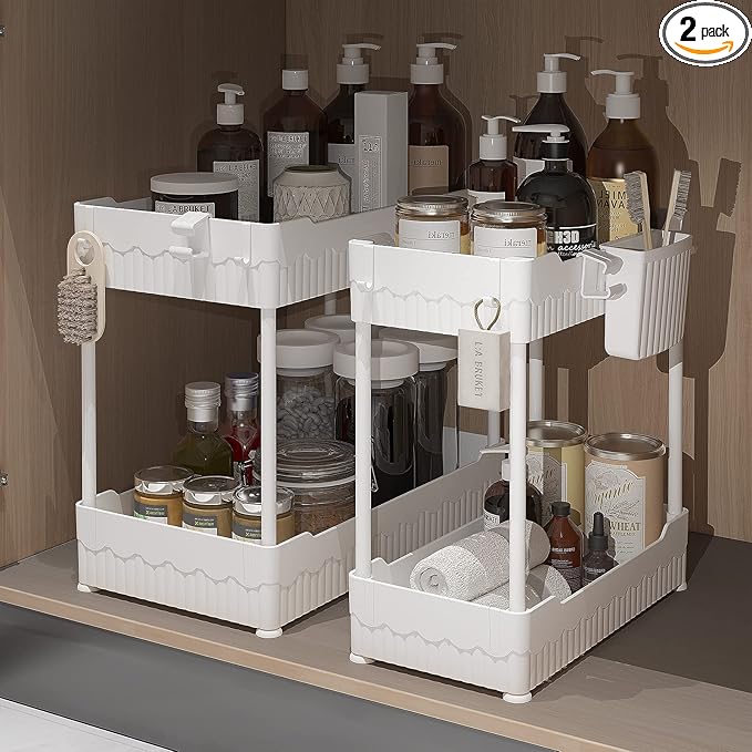 2 Pack Under Sink Organizer, Under Bathroom Cabinet Organizer with Hooks Hanging Cup, Multi-Purpose Storage Shelf for Kitchen Bathroom (White, L)