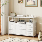 8-Drawer Fabric Dresser TV Stand for 40" TV - Sturdy Steel Frame & Wood Top Chest of Drawers, Lightweight Storage Organizer for Bedroom, Closet, Entryway (43.31" Wide, White)