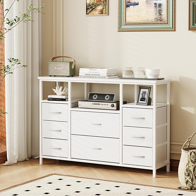 8-Drawer Fabric Dresser TV Stand for 40" TV - Sturdy Steel Frame & Wood Top Chest of Drawers, Lightweight Storage Organizer for Bedroom, Closet, Entryway (43.31" Wide, White)