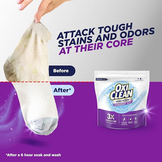 OxiClean Triple Action Odor Blasters Odor and Stain Remover Powder, Use with Detergent, Eliminates Tough Odors and Removes Stains, Color Safe and Chlorine Free, 4 lbs