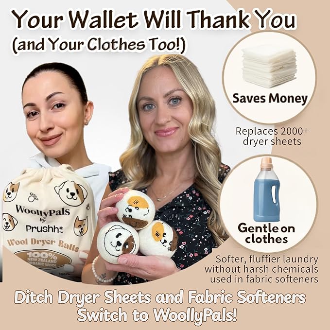 WoollyPals Wool Dryer Balls (6-Pack, XL Size)- 100% New Zealand Organic Wool - Sustainable & Eco-Friendly - Dry 1,000 Loads, Replaces Dryer Sheets, Reduces Static Cling, Reusable (Multi Colour)