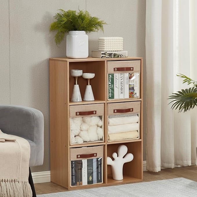 Storage Cube Organizer with Clear Window, Linen Collapsible Storage Boxes with PU Handles, Cube Storage Bins for Shelf, Closet, Cabinet, Bookcase (10.5x10.5x11, Khaki)