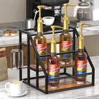 Coffee Syrup Rack Organizer, Spice Racks, Syrup Bottle Holder Stand for Coffee Bar, 3-Tier 12 Bottles Storage Shelves for Syrup, Wine, Dressing for Kitchen Countertop, Rustic Brown & Black