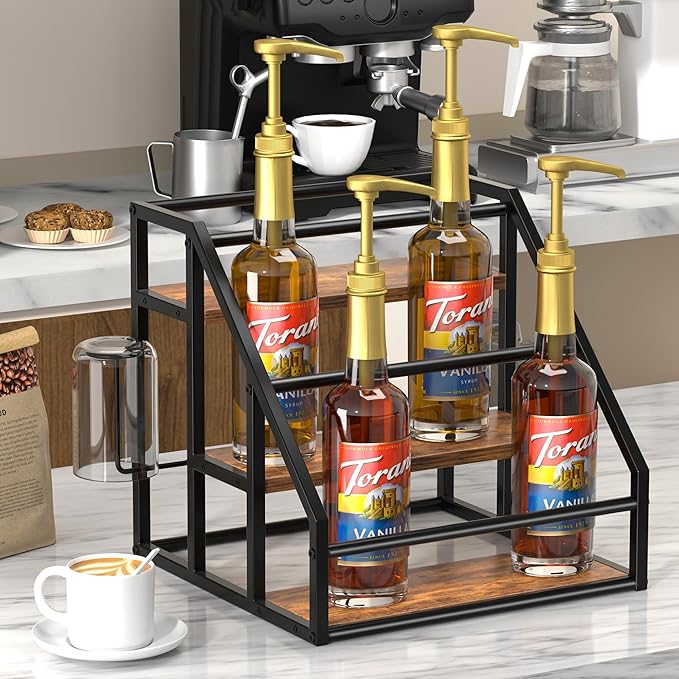 Coffee Syrup Rack Organizer, Spice Racks, Syrup Bottle Holder Stand for Coffee Bar, 3-Tier 12 Bottles Storage Shelves for Syrup, Wine, Dressing for Kitchen Countertop, Rustic Brown & Black
