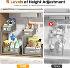 2 Pack 21.3IN-Depth Under Sink Organizer with Smooth Cylindrical Rail,2-Tier Pull Out Multi-Purpose Cabinet Storage for Bathroom&Kitchen,Height Adjustable,Rust-Resistant Coating-Gun Gray