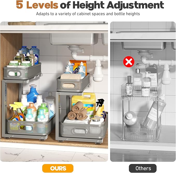 2 Pack 17.3IN-Depth Under Sink Organizer with Smooth Cylindrical Rail,2-Tier Pull Out Multi-Purpose Cabinet Storage for Bathroom&Kitchen,Height Adjustable,Rust-Resistant Coating-Gun Gray