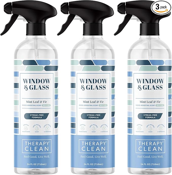Therapy Clean Window & Glass Cleaner 24 oz. (3-Pack) – Streak-Free, Ammonia-Free Mirror, Shower & Car Window Cleaner Spray for Indoor & Outdoor Use – Natural Vinegar Formula