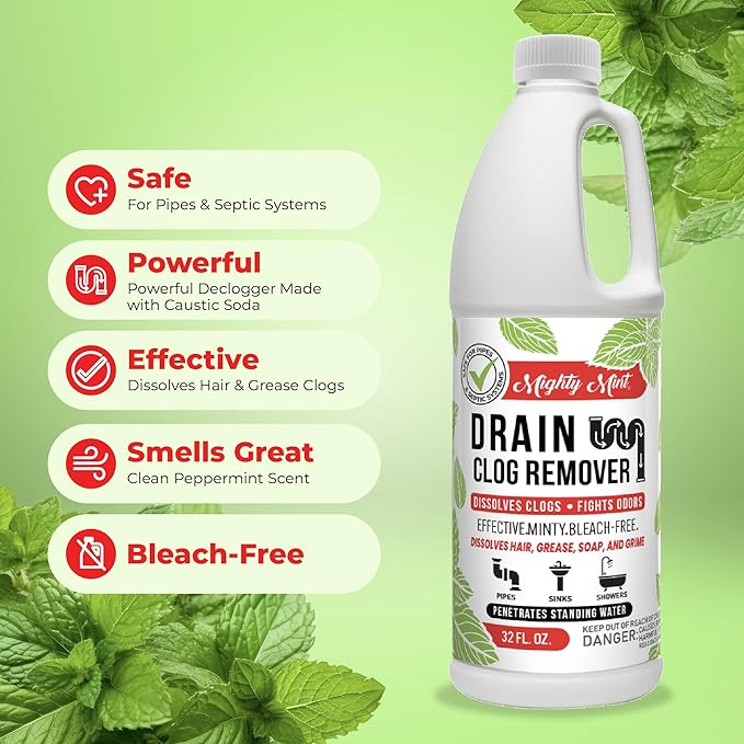 Mighty Mint Drain Clog Remover, Safe for Pipes and Septic, Dissolves Hair & Grease, Clears Blocked Drains and Deodorizes, Natural Mint Scent, 32oz (Pack of 2)