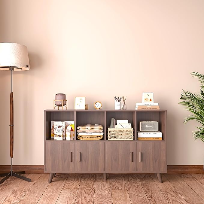 Cubby Shelf Bookcase with Doors - Wooden 8 Cubes Floor Standing Open Bookshelf with Solid Wood Legs, 2-Tier Low Storage Cabinet, Walnut